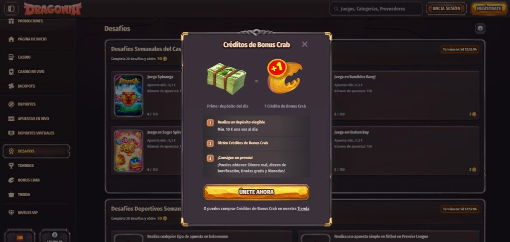 dragonia casino bonus crab popup