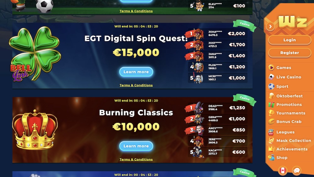Wazamba tournaments